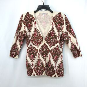 Merona Sweater Womens Size M Cream All Over Print 3/4 Sleeve Button Up Cardigan